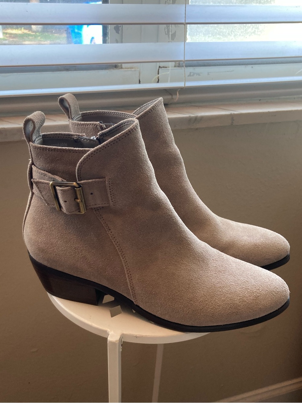 Suede Ankle Bootie with Side Buckle in Light Taupe 7